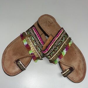 Anthropologie Z&L boho coin embellished fringe style leather flip flops size 39
